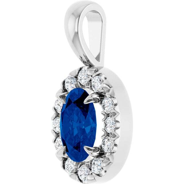 14K Gold Emerald Lab-Grown Blue Sapphire Halo-Style Necklace or Pendant - White Gold - view 5