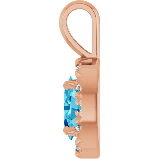 14K Gold Emerald Natural Blue Zircon Halo-Style Necklace or Pendant - Rose Gold - view 6