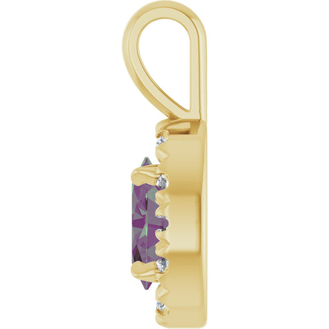 14K Gold Emerald Lab-Grown Alexandrite Halo-Style Necklace or Pendant - Yellow Gold - view 6