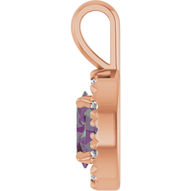 14K Gold Emerald Lab-Grown Alexandrite Halo-Style Necklace or Pendant - Rose Gold - view 6