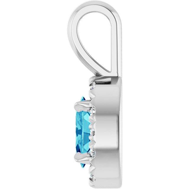 14K Gold Emerald Natural Blue Zircon Halo-Style Necklace or Pendant - White Gold - view 6