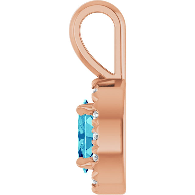 14K Gold Emerald Natural Blue Zircon Halo-Style Necklace or Pendant - Rose Gold - view 6