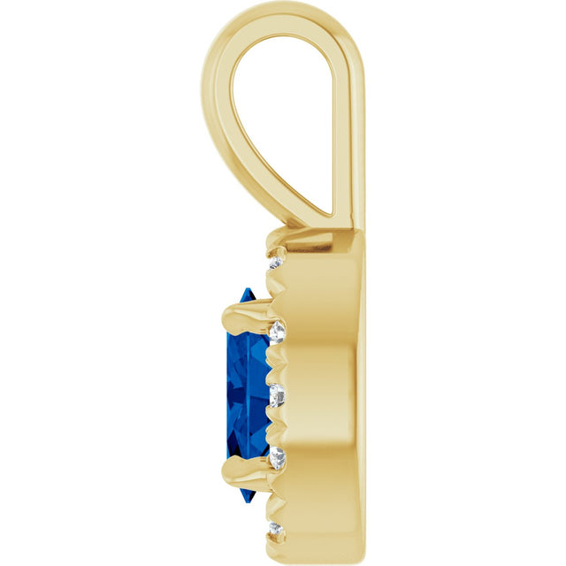 14K Gold Emerald Lab-Grown Blue Sapphire Halo-Style Necklace or Pendant - Yellow Gold - view 6