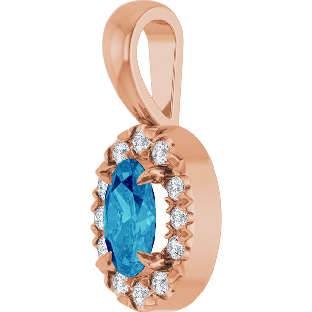 14K Gold Emerald Natural Blue Zircon Halo-Style Necklace or Pendant - Rose Gold - view 5