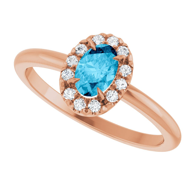 14K Gold Emerald Natural Aquamarine Halo-Style Ring - Rose Gold - view 10