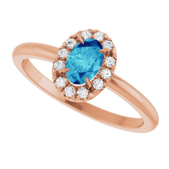 14K Gold Emerald Natural Blue Zircon Halo-Style Ring - Rose Gold - view 10
