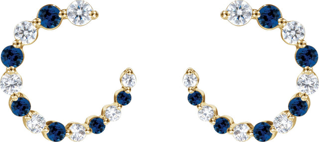 14K Gold Round Natural Blue Sapphire & Natural Diamond Accented Front-Back Hoop Earrings - Yellow Gold - view 2