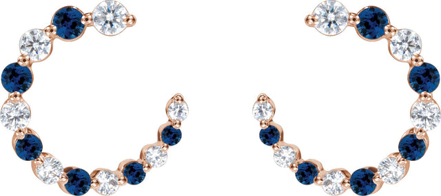 14K Gold Round Natural Blue Sapphire & Natural Diamond Accented Front-Back Hoop Earrings - Rose Gold - view 2