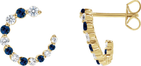 14K Gold Round Natural Blue Sapphire & Natural Diamond Accented Front-Back Hoop Earrings - Yellow Gold