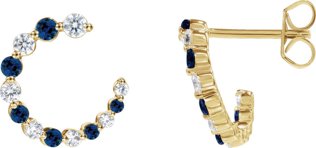 14K Gold Round Natural Blue Sapphire & Natural Diamond Accented Front-Back Hoop Earrings - Yellow Gold