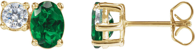 14K Gold Oval Lab-Grown Emerald & Lab-Grown Diamond Accented Stud Earrings - Yellow Gold