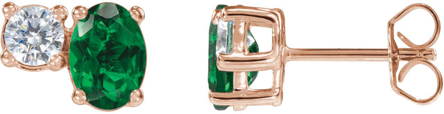 14K Gold Oval Lab-Grown Emerald & Lab-Grown Diamond Accented Stud Earrings - Rose Gold