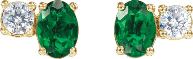 14K Gold Oval Lab-Grown Emerald & Lab-Grown Diamond Accented Stud Earrings - Yellow Gold - view 2