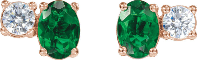 14K Gold Oval Lab-Grown Emerald & Lab-Grown Diamond Accented Stud Earrings - Rose Gold - view 2