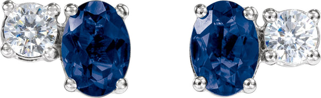 14K Gold Oval Lab-Grown Blue Sapphire & Lab-Grown Diamond Accented Stud Earrings - White Gold - view 2