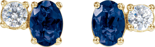14K Gold Oval Lab-Grown Blue Sapphire & Lab-Grown Diamond Accented Stud Earrings - Yellow Gold - view 2