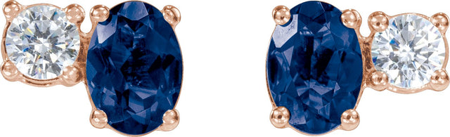 14K Gold Oval Lab-Grown Blue Sapphire & Lab-Grown Diamond Accented Stud Earrings - Rose Gold - view 2