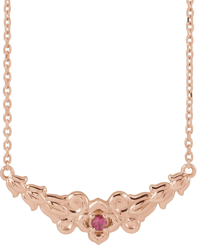 14K Gold Round Natural Pink Tourmaline Floral Necklace - Rose Gold