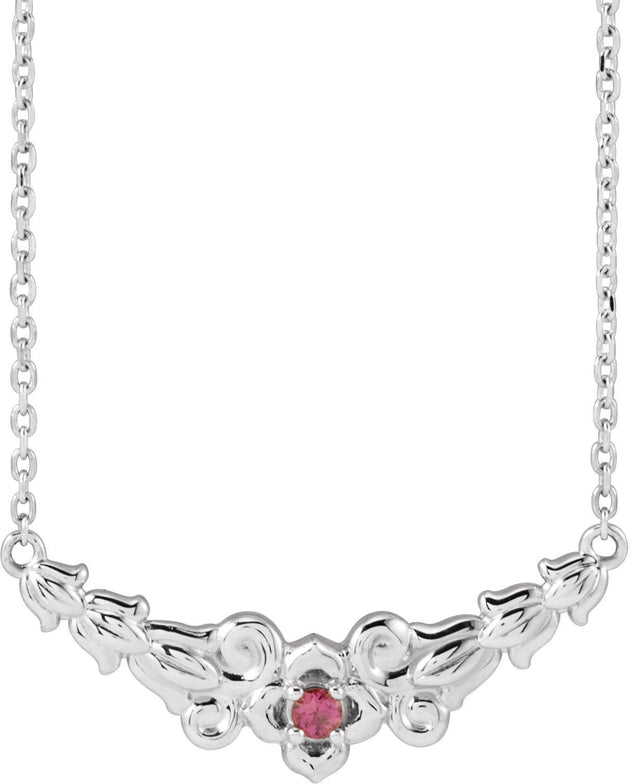 14K Gold Round Natural Pink Tourmaline Floral Necklace - White Gold