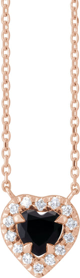 14K Gold Heart Natural Black Onyx & Natural Diamond French-Set Solitaire Necklace - Rose Gold