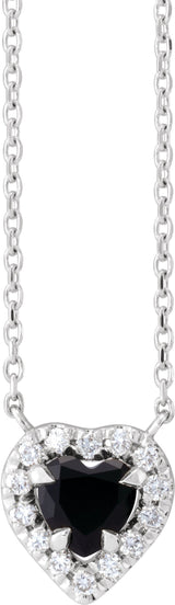 14K Gold Heart Natural Black Onyx & Natural Diamond French-Set Solitaire Necklace - White Gold