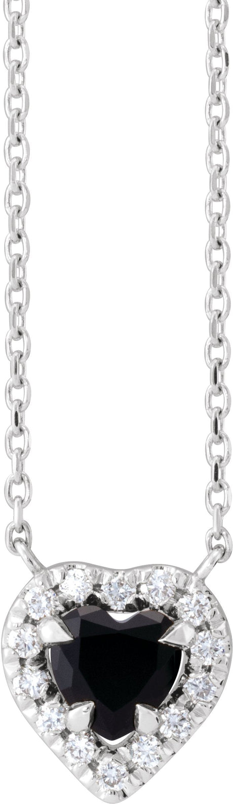 14K Gold Heart Natural Onyx & Natural Diamond French-Set Solitaire Necklace - White Gold