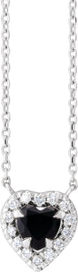 14K Gold Heart Natural Onyx & Natural Diamond French-Set Solitaire Necklace - White Gold