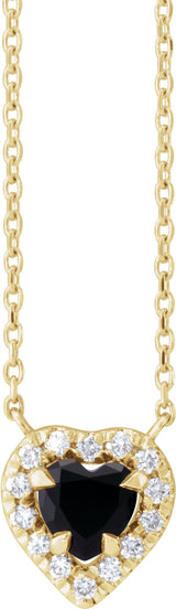 14K Gold Heart Natural Black Onyx & Natural Diamond French-Set Solitaire Necklace - Yellow Gold