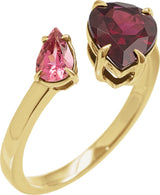 14K Gold Pear Natural Rhodolite Garnet & Natural Pink Tourmaline Negative Space Ring - Yellow Gold