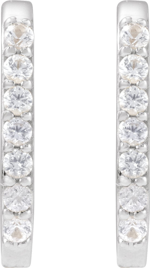 14K Gold Round Natural White Sapphire Accented Elongated Hoop Earrings - White Gold - view 4