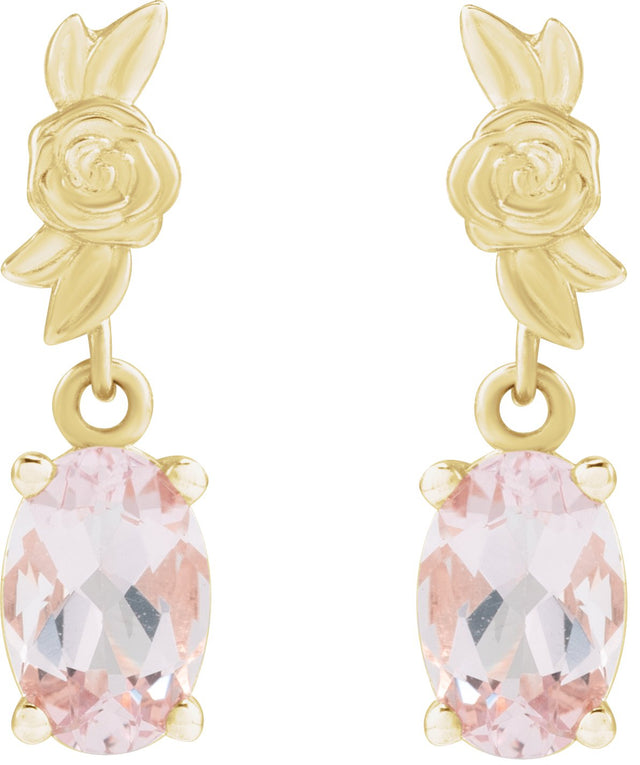 14K Gold Oval Natural Pink Morganite Floral Earrings - Yellow Gold - view 2