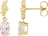 14K Gold Oval Natural Pink Morganite Floral Earrings - Yellow Gold