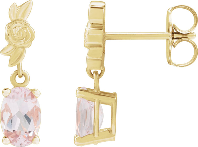 14K Gold Oval Natural Pink Morganite Floral Earrings - Yellow Gold