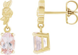 14K Gold Oval Natural Pink Morganite Floral Earrings - Yellow Gold