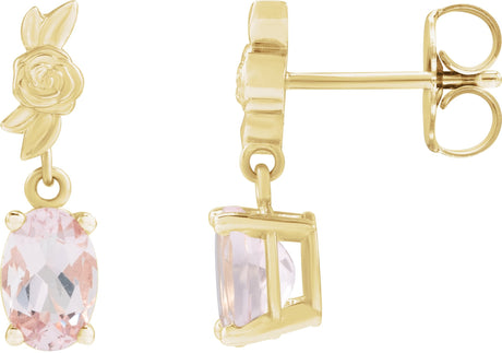 14K Gold Oval Natural Pink Morganite Floral Earrings - Yellow Gold