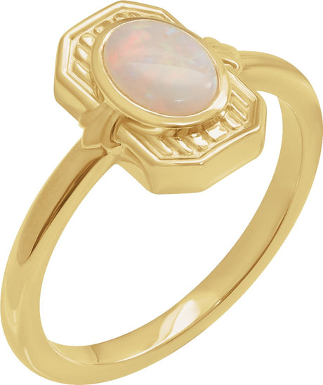 14K Gold Oval Natural White Opal Cabochon Ring – 7x5mm - Yellow Gold
