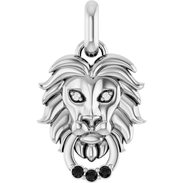 14K Gold Round Natural Black Spinel & Natural Diamond Accented Lion Necklace or Pendant - White Gold