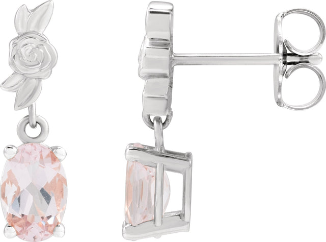 14K Gold Oval Natural Pink Morganite Floral Earrings - White Gold