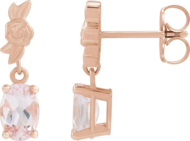 14K Gold Oval Natural Pink Morganite Floral Earrings - Rose Gold