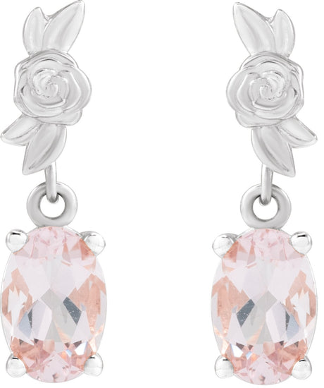 Platinum Oval Natural Pink Morganite Floral Earrings - view 2