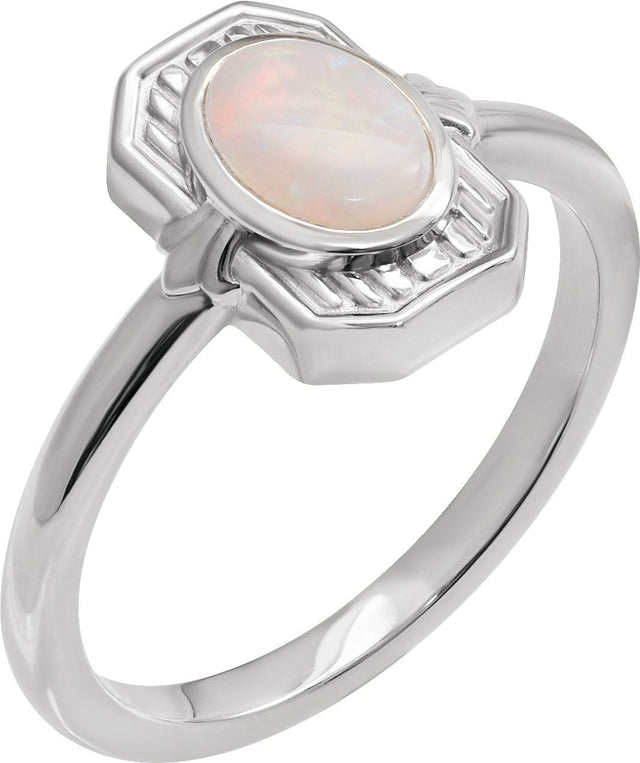 Platinum Oval Natural White Opal Cabochon Ring – 7x5mm