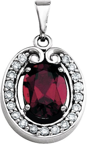 14K Gold Oval Natural Mozambique Garnet & Natural Diamond Halo-Style Pendant