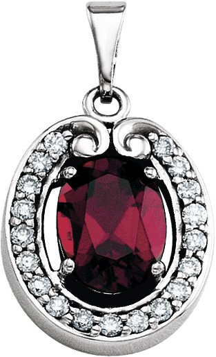 14K Gold Oval Natural Mozambique Garnet & Natural Diamond Halo-Style Pendant