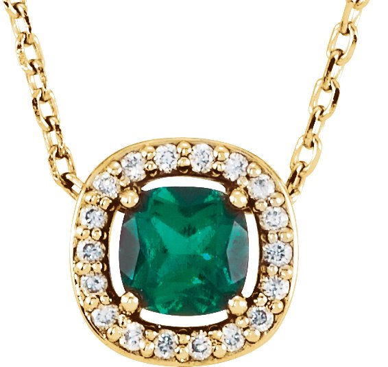 14K Gold Cushion Lab-Grown Emerald & Natural Diamond Halo-Style Necklace or Pendant – 0.05 CTW - Yellow Gold