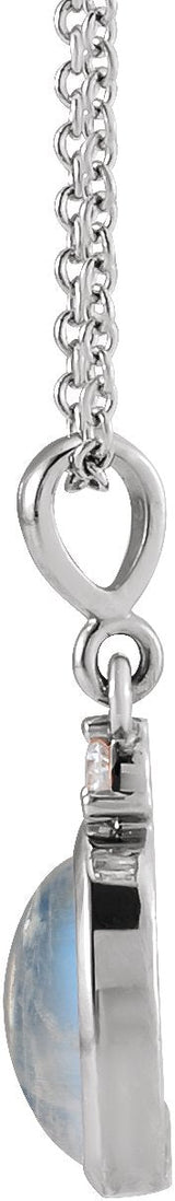 Platinum Oval Natural Rainbow Moonstone & Natural Diamond Cabochon Bezel-Set Necklace or Pendant - view 4