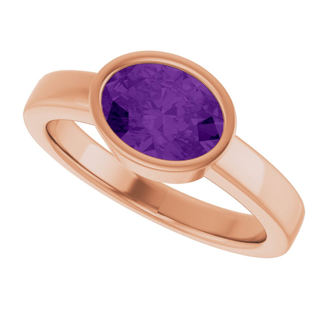 14K Gold Oval Natural Amethyst Bezel-Set Solitaire Ring – 8x6mm - Rose Gold - view 5