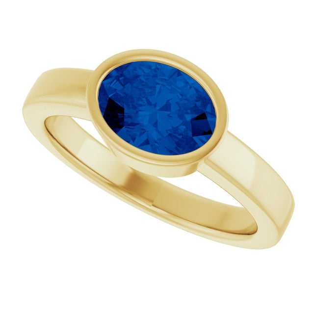 14K Gold Oval Lab-Grown Blue Sapphire Bezel-Set Solitaire Ring – 8x6mm - Yellow Gold - view 5