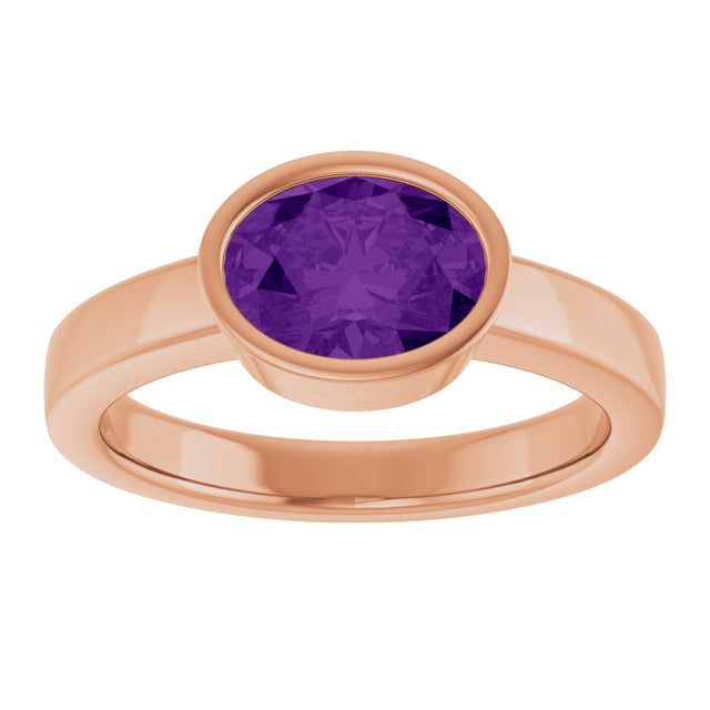14K Gold Oval Natural Amethyst Bezel-Set Solitaire Ring – 8x6mm - Rose Gold - view 3