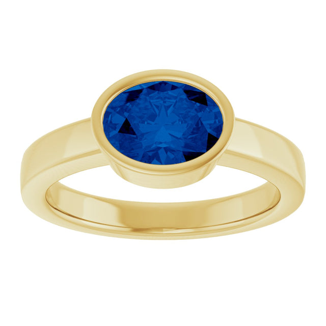 14K Gold Oval Lab-Grown Blue Sapphire Bezel-Set Solitaire Ring – 8x6mm - Yellow Gold - view 3