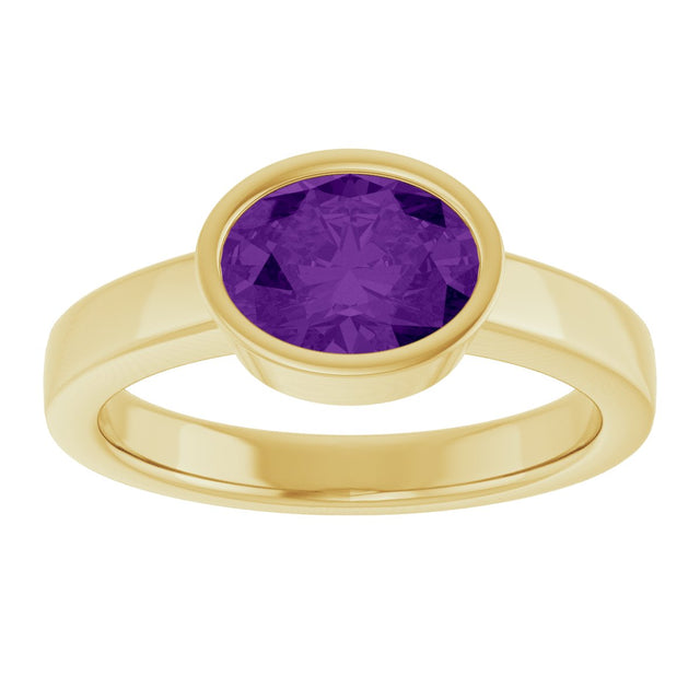 14K Gold Oval Natural Amethyst Bezel-Set Solitaire Ring – 8x6mm - Yellow Gold - view 3
